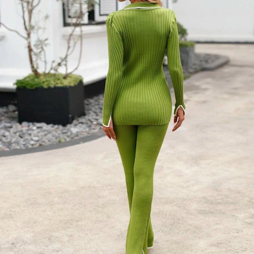 Striped Trim Single Breasted Rib-knit Cardigan & Knit Pants Green Coord set - Picture 3 of 5